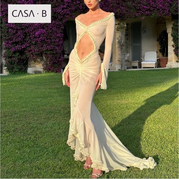 NEW💫to CASA B|“Glamour de Cannes” Mesh Cut-Out Frill Sheer Long Sleeve Lux Gown - Picture 9 of 16